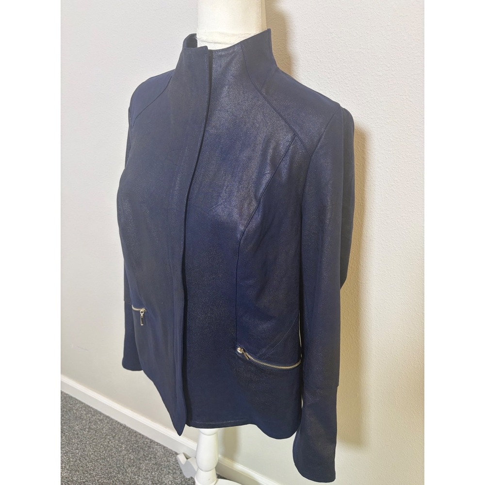 CHICOS 1 Navy Faux Suede Moto Jacket~M~Zip Up Funnel Neck Pockets Lace Up Sleeve